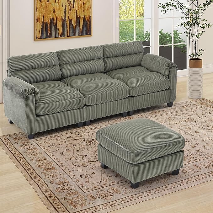 HAOMARKETS Corduroy 2-Piece Sofa Set, Upholstered Ottoman and 3-Seater Sofa