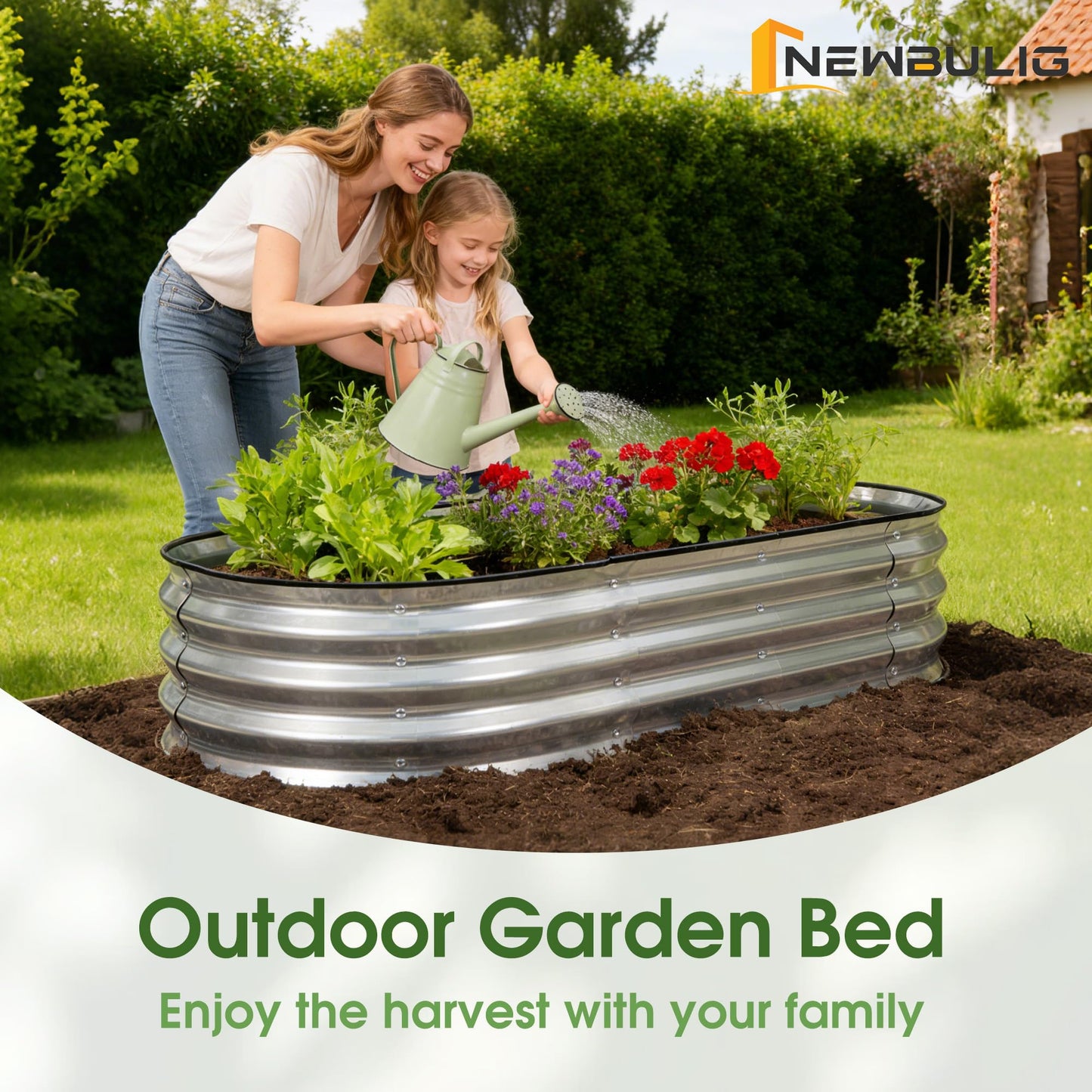 NEWBULIG 4x2x1ft Heavy-Duty Oval Galvanized Raised Garden Bed Outdoor, Metal Planter Box for Vegetables/Flowers/Herbs, Raised Flower Bed for Gardening, Open Bottom, Easy Assembly, Safe Edges