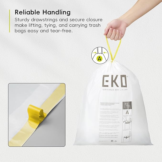 EKO 1.6 Gallon / 3-6 Liter, Extra-Strong Unscented Garbage Bags, Easy-Dispense
