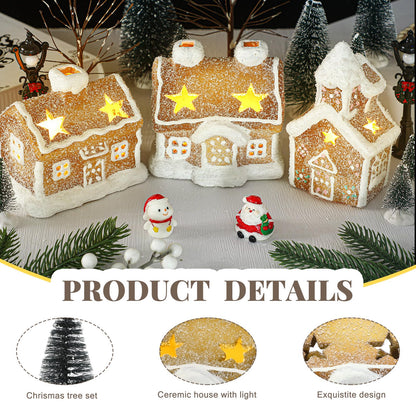 GlikCeil 17pcs LED Christmas Gingerbread Village Sets 3 Ceramic Gingerbread Houses Decor 2 Birch Trees 10 Pine Trees 2 Streetlight Christmas Figurines for Mantel Tabletop Shelf Decor