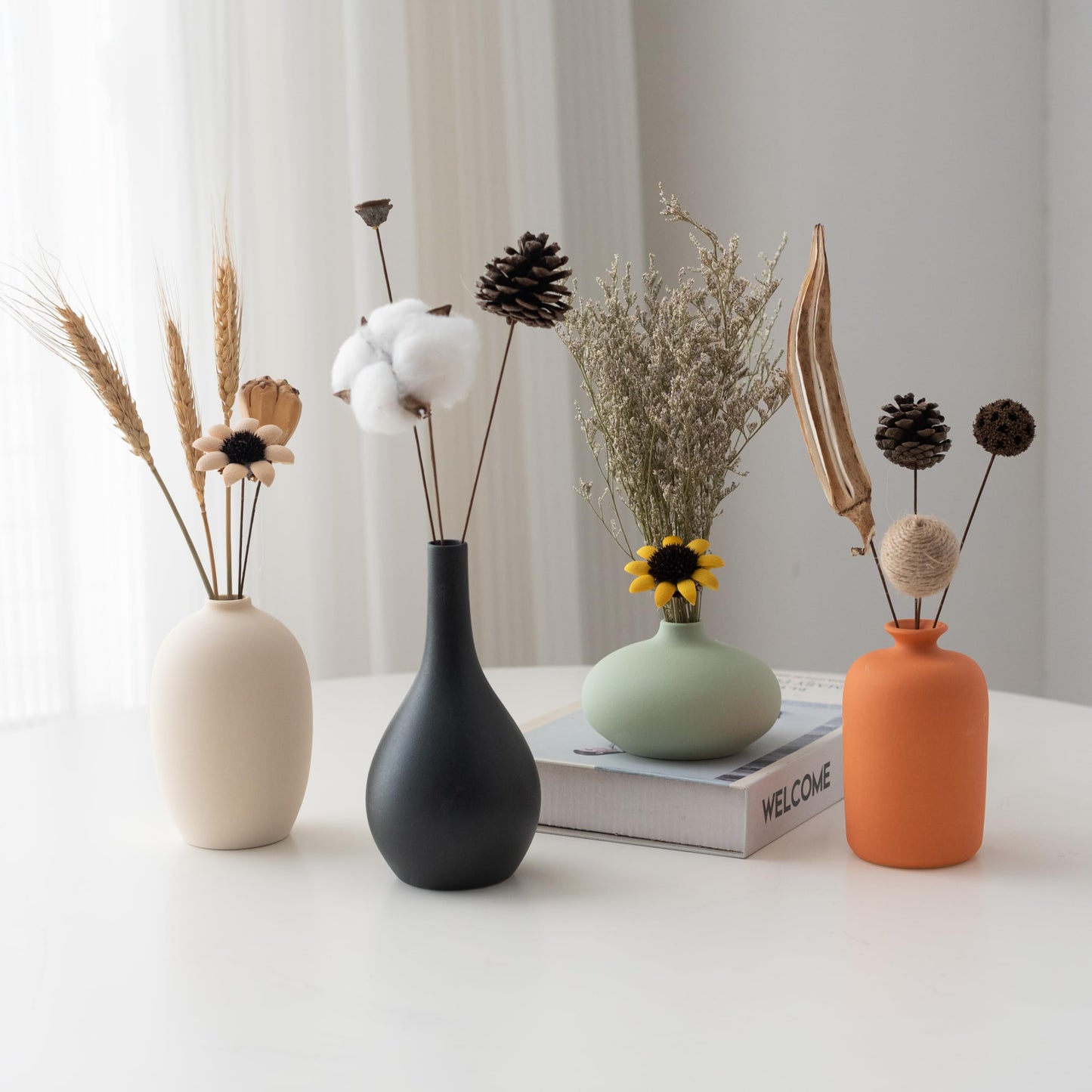 YAOBAOX Ceramic Vase Set of 4 with Dried Flowers Round Matte