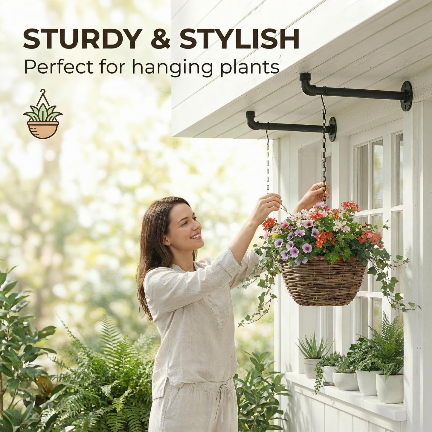 ZYUXUAN 2 Pack Black Metal Pipe Plant Hanger Indoor with Hanging Chains, Industrial Window and Wall Mounted Hanging Rod Planter for Plants, Pot/Plant Not Included
