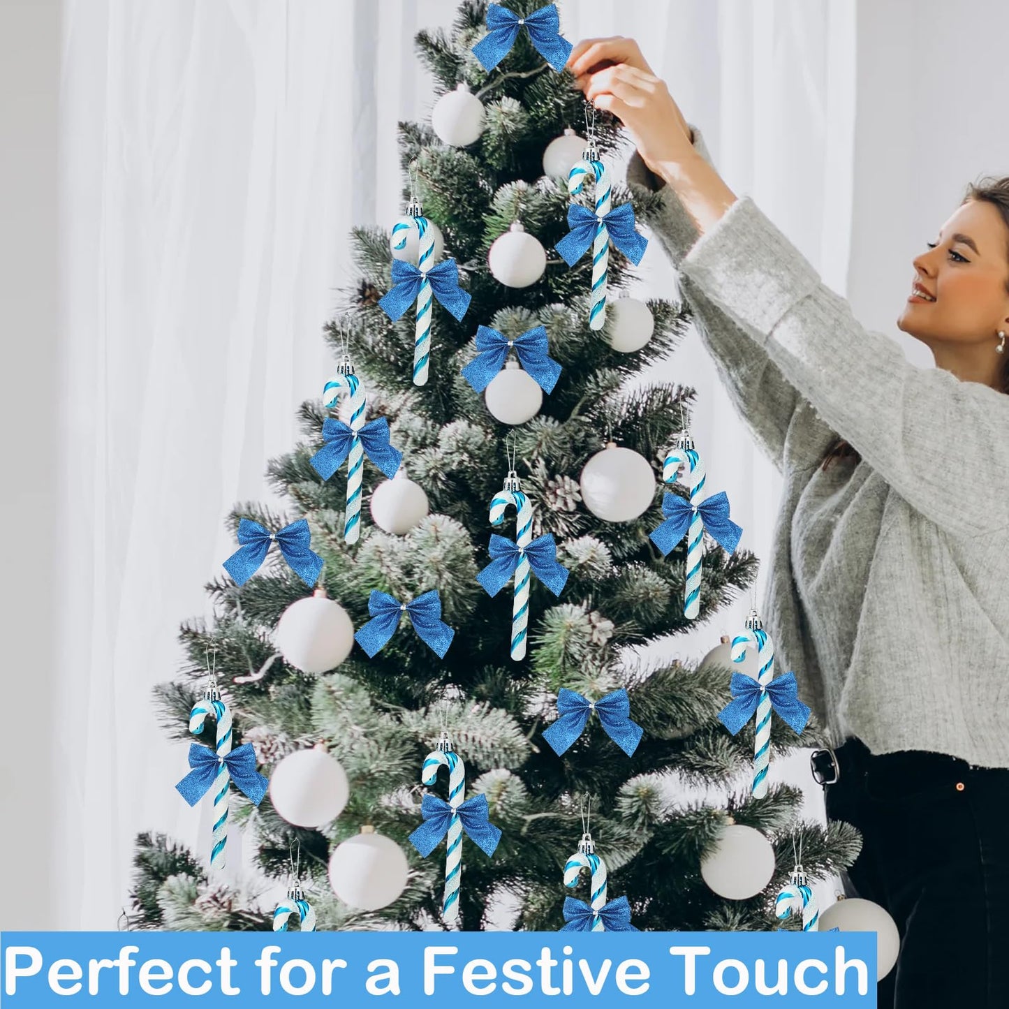 FYFLED Candy Cane Christmas Tree Decorations - 12 Pcs Candy Cane Ornaments for Tree, Glitter Candy Cane Bows for Xmas Tree Hanging Ornament Festival Party Home Decor, Blue
