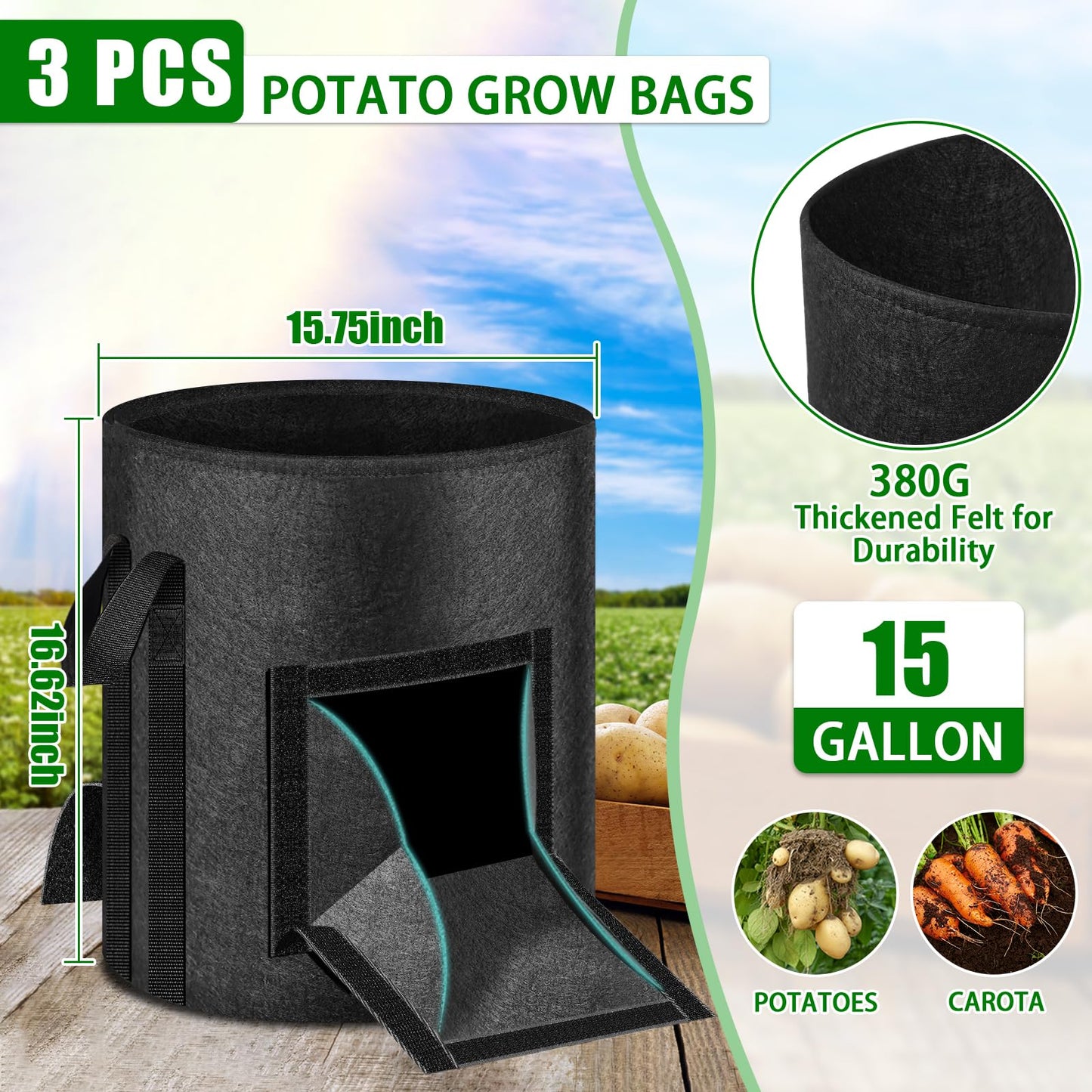 MJZ 3 Pack 15 Gallon Potato Grow Bags with Harvest Observation Windows, 380G Thickened Potato Bags for Growing Potatoes, Heavy Duty Nonwoven Fabric Garden Growing Containers to Grow Vegetable Tomatoes