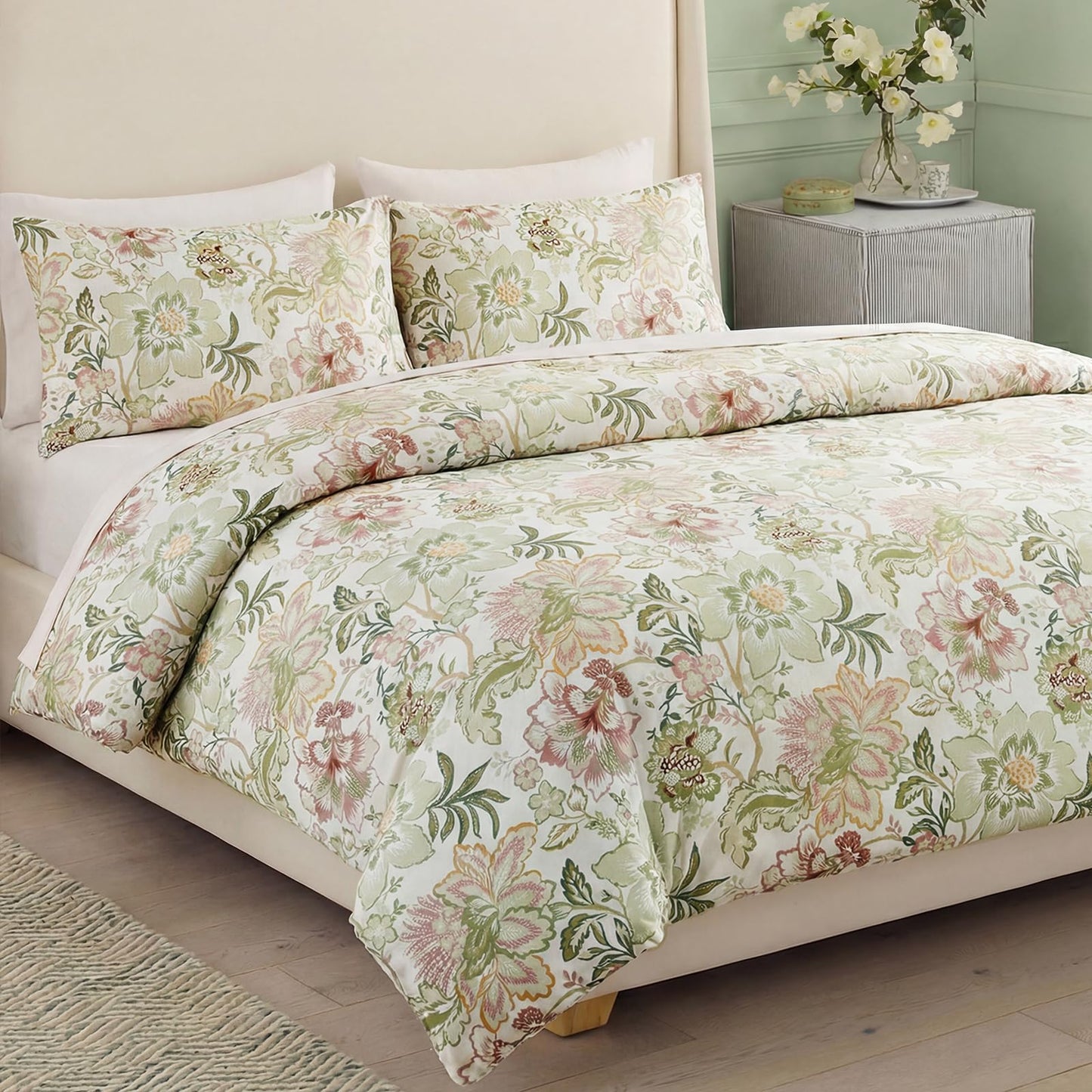Bedorm 100% Cotton Duvet Cover Set Botanical Floral Bedding King Pink Flower Green Leaf French Country Bedroom Decor Soft & Durable Duvet Cover with Zipper Closure and Corner Ties