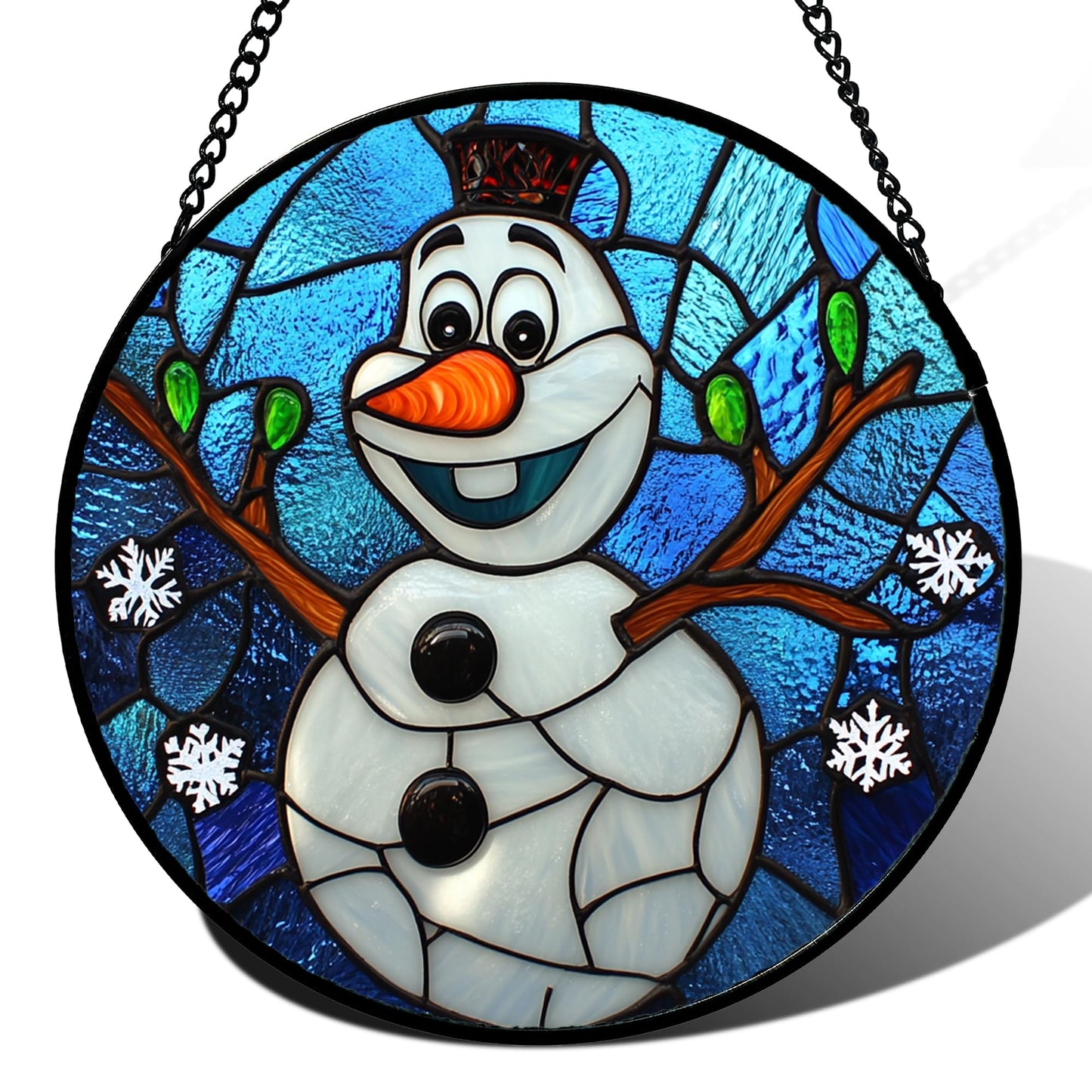 JOSUMALY Stained Glass Window Hanging Christmas Funny Snowman 6.3" - Suncatcher Door Garden Blue White Snowflakes Sun Catcher New Year Birthday for Friend Mom Men Woman Nana