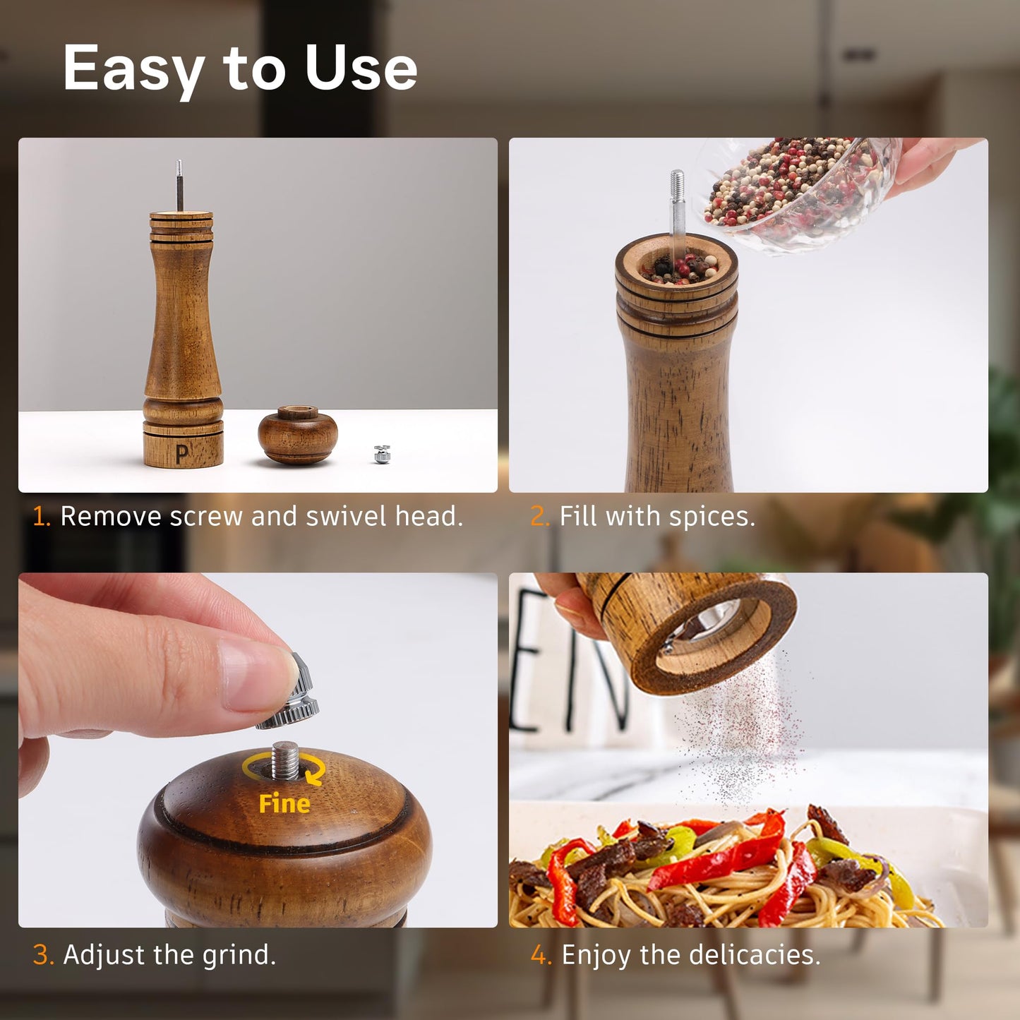 Wooden Salt and Pepper Grinder Set, Premium Oak Wood Salt Grinders Shakers, Manual Pepper Mill with S and P Engraving, Adjustable Ceramic Grinder for House Warming Cooking Gifts – 8 inches, 2 Pack