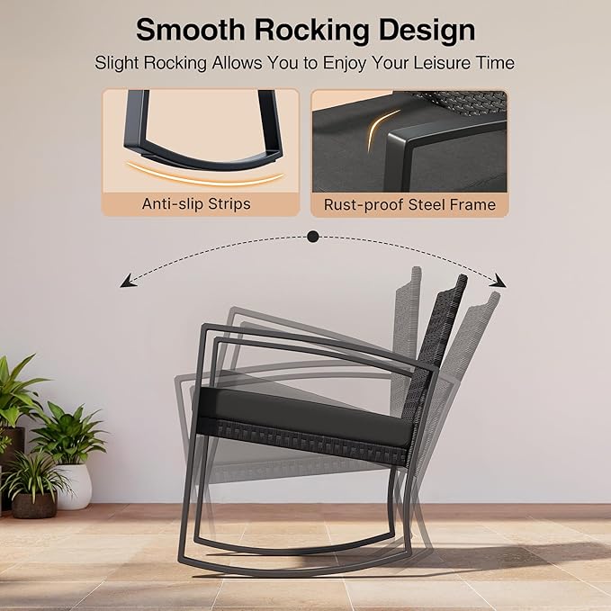 3 Pieces Patio Furniture Set Rocking Bistro Set, Outdoor Patio Furniture Set with Coffee Table for Garden Balcony Backyard Poolside (Black Cushion)