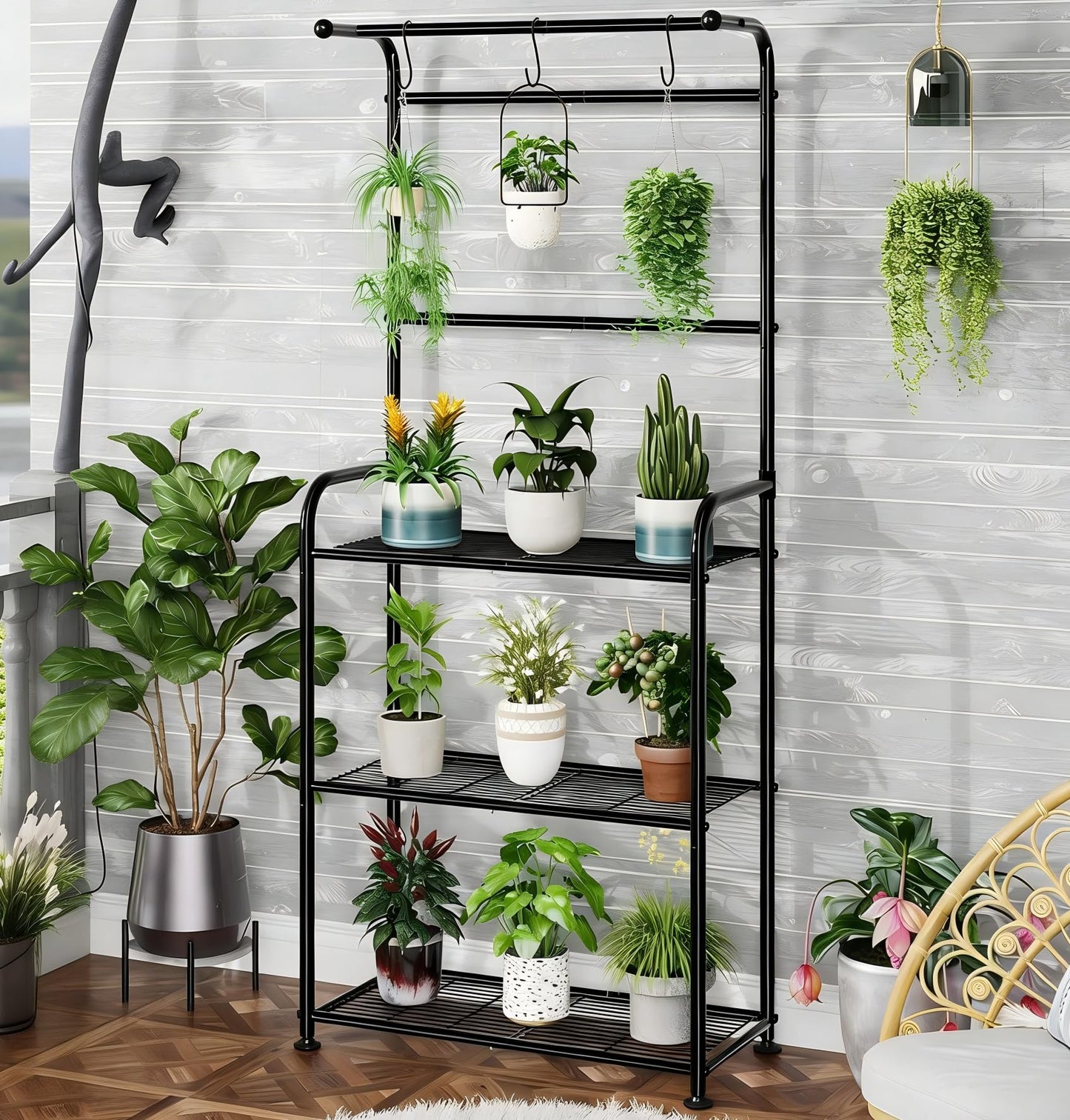 Ekisemio Plant Stands Outdoor with Hooks, Metal Tall Plant Shelves Indoor for Hanging Planter, Black