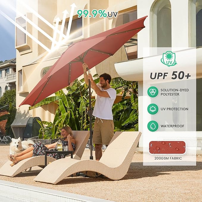 JEAREY 9FT Outdoor Patio Umbrella with Solar Lights, LED Lighted Pool Umbrella with Tilt and Crank, Outdoor Table Umbrellas for Deck, Yard & Market (Red)