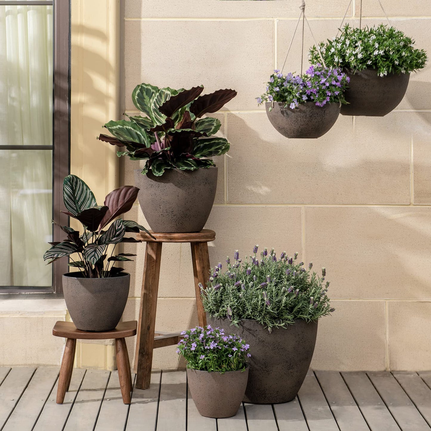 LA JOLIE MUSE 14.2/11.3/8.6 Inch Large Planters,Indoor/Outdoor Round Planters Set of 3,New Iron Plant Container with Drain Holes,Tree Flower Plant Pots for Patio and Deck