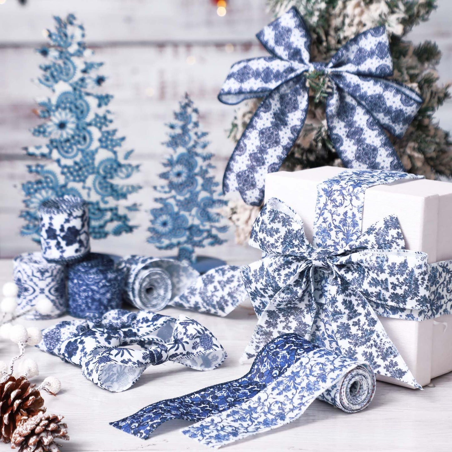 Chunful 12 Rolls Blue Floral Wired Edge Ribbon for Wreaths 2 Inch x 60 Yards Chinoiserie Print Grosgrain Ribbon for Gift Wrapping Hair Bow Sewing Wreath Party Supplies 12 Styles
