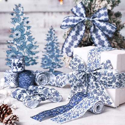 Chunful 12 Rolls Blue Floral Wired Edge Ribbon for Wreaths 2 Inch x 60 Yards Chinoiserie Print Grosgrain Ribbon for Gift Wrapping Hair Bow Sewing Wreath Party Supplies 12 Styles