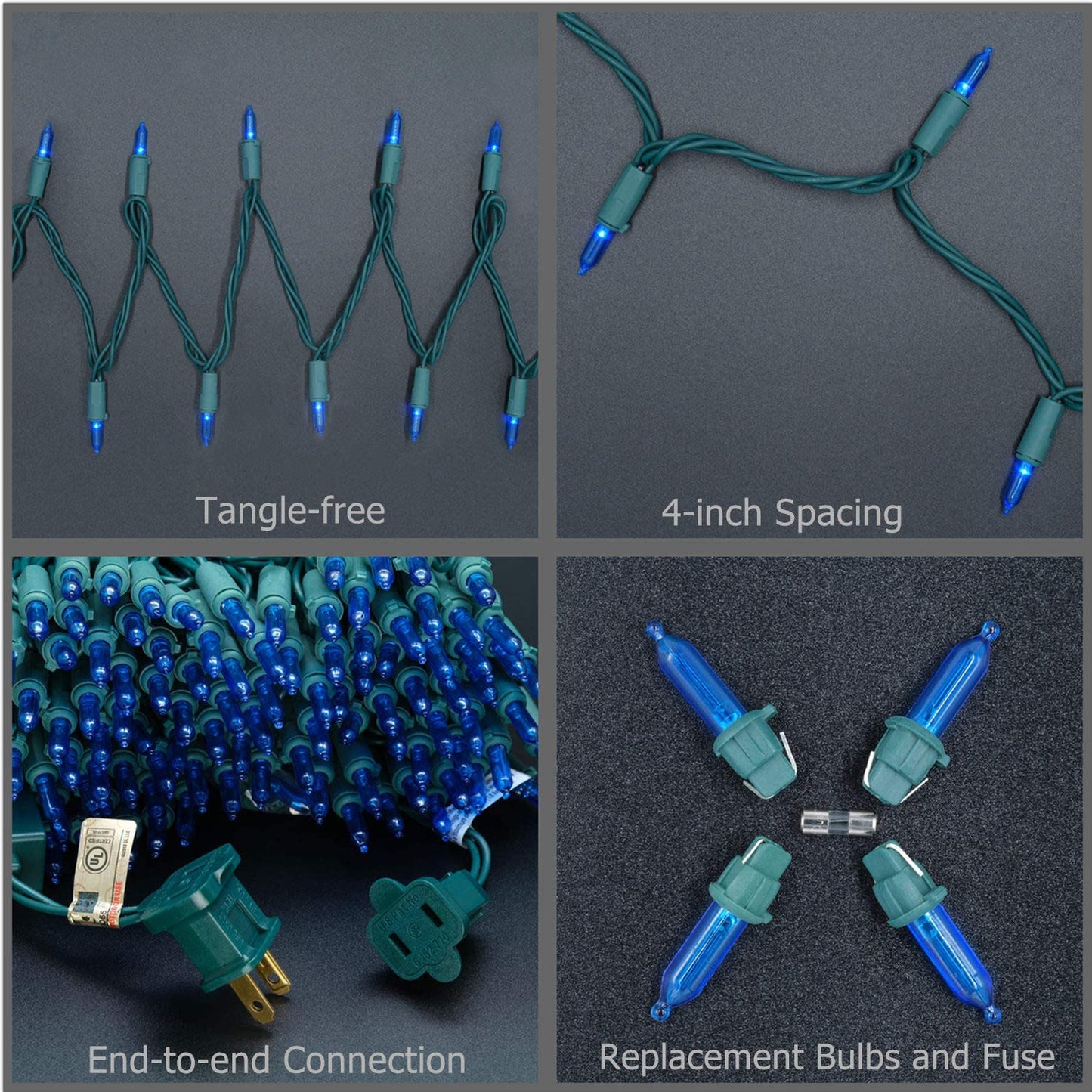 YULETIME 200 Blue LED Christmas Lights, 66 ft Green Wire UL String Light