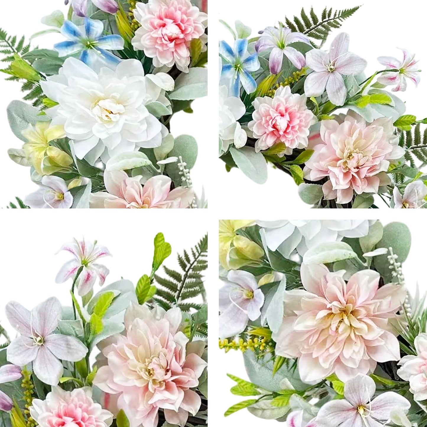 wwmira 22 Inch Artificial Dahlia Wreaths for Front Door, Spring Summer Wreath with Eucalyptus, Fern & Lamb's Ear Leaves, Farmhouse Floral Wreath for Home Porch Window Wall, All Season Decor