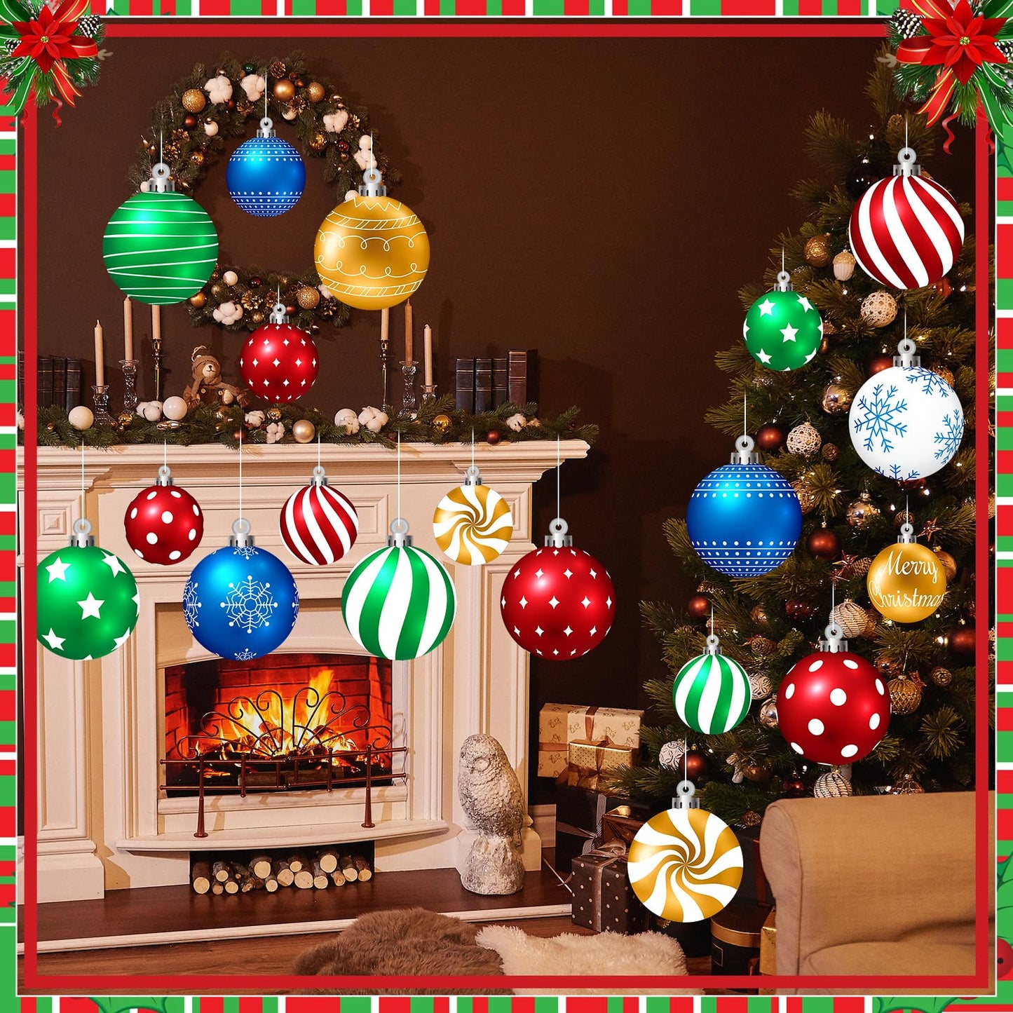 Huwena 24 Pcs Christmas Decorations Outdoor Christmas Hanging Ornaments Peppermint Candy Yard Signs Double Sided Lawn Decorations Peppermint Ornaments for Xmas(Red,Green,Blue,Silver)