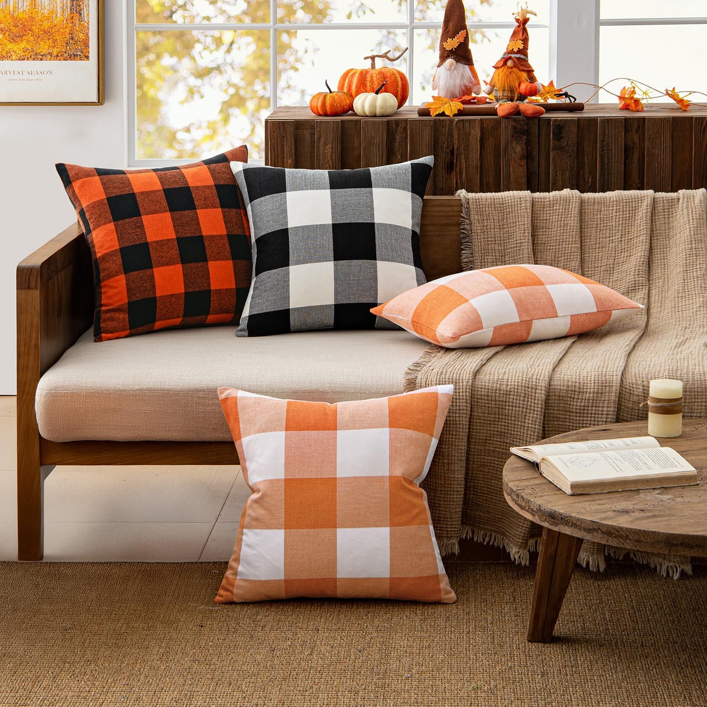 MIULEE Fall Throw Pillow Covers Pack of 2 Classic Farmhouse Buffalo Check Plaids Linen Soft Solid Orange and White Decorative Outdoor Cushion Case for Sofa Bedroom 12 x 20 Inch 30 x 50 cm