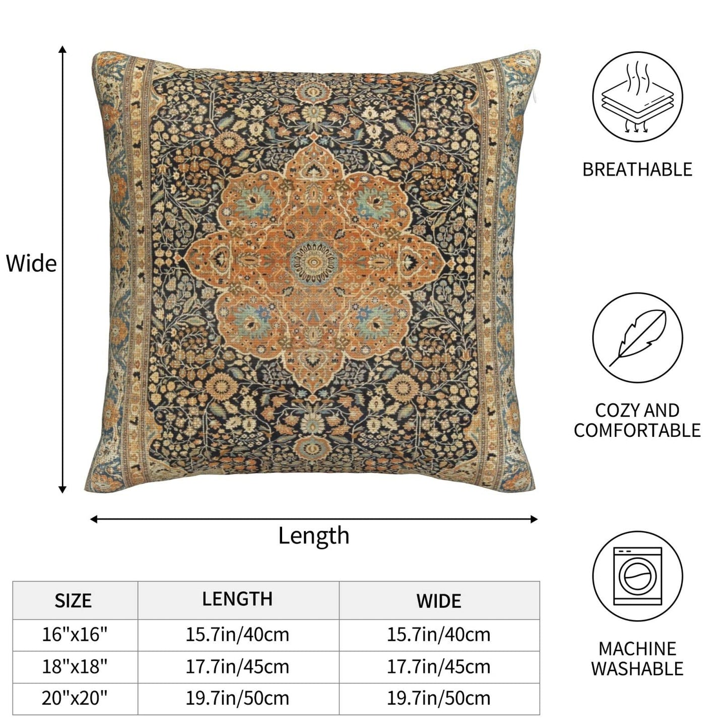 17th Century Turkish Carpet Print Throw Pillow Covers Modern Pillow Cushion Cases, Decorative Square Pillowcases for Sofa Couch Bedroom Living Room Car 20"X20"