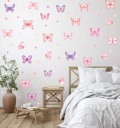 XUOIAYNB Pink Butterfly Wall Stickers,Butterflies with Plot Dots Vinyl Wall Decals, Removable Butterfly DIY Wall Art for Girl Bedroom Nursery Room Decor