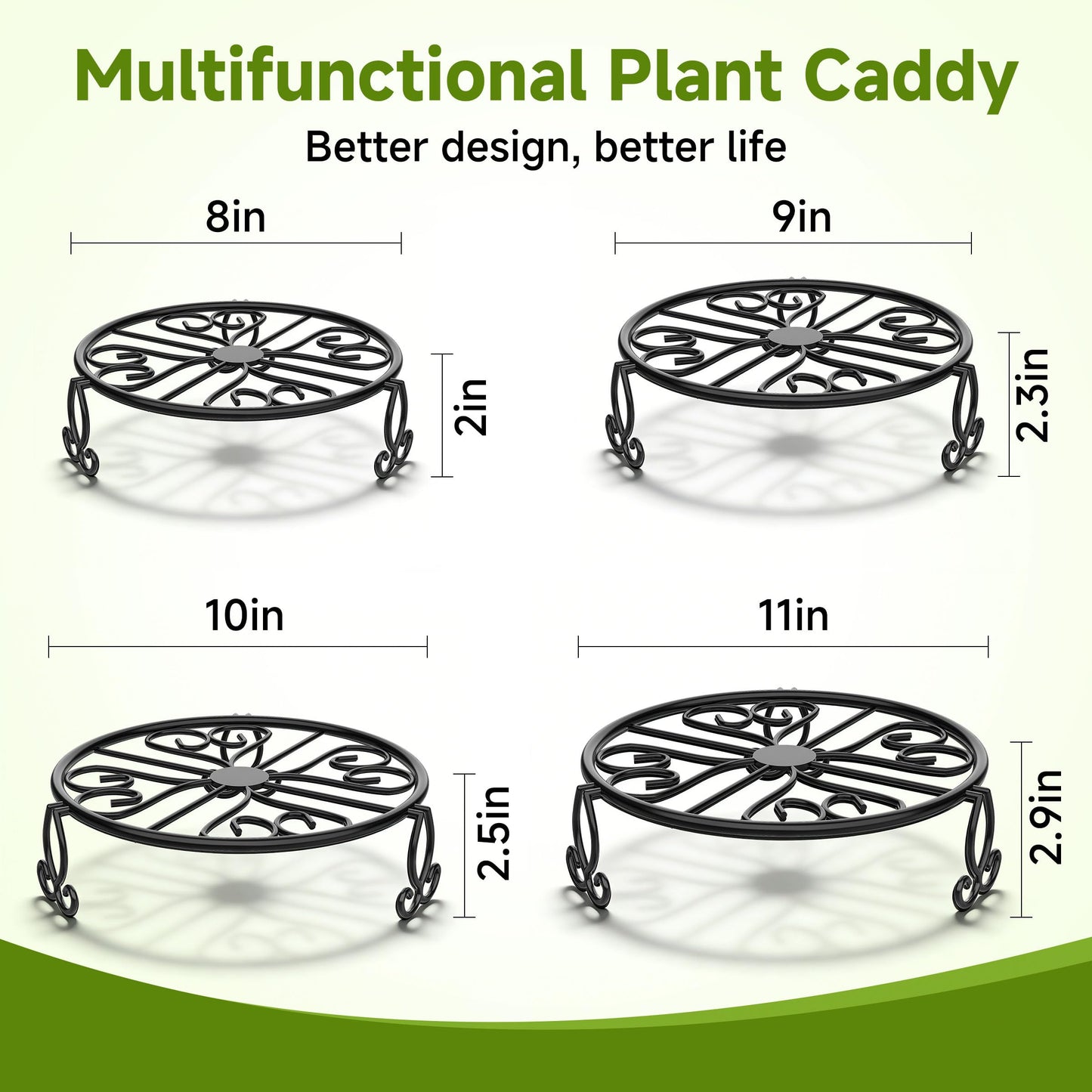 8" 9" 10" 11" 4-Pack Wrought Iron Plant Stands for Outdoor & Indoor Use, Heavy Duty Rustproof Metal Pot Stand Holder, Single Short Round Black Base for Patio Garden Porch Plants Flower Pots Planter Riser