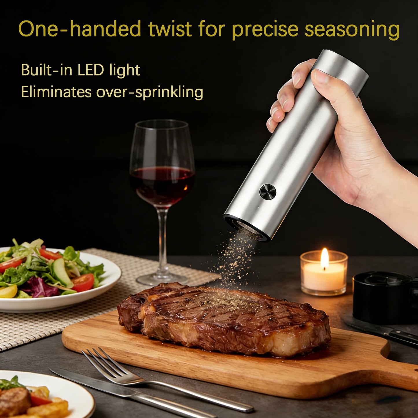 Rechargeable Salt and Pepper Grinder Set,Automatic Rechargeable, LED Light, External Adjustable Coarseness, Upgrade Large Capacity, Rechargeable Base Kitchen, Dining & BBQ, Gifts for Women Mom(Silver)