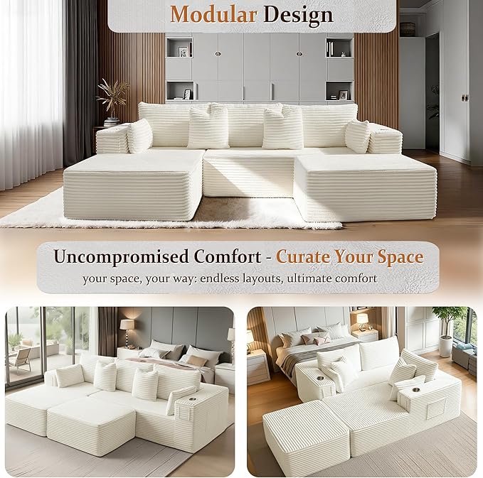 108" Cloud Sectional Couch, Comfort U Shaped Boneless Couch
