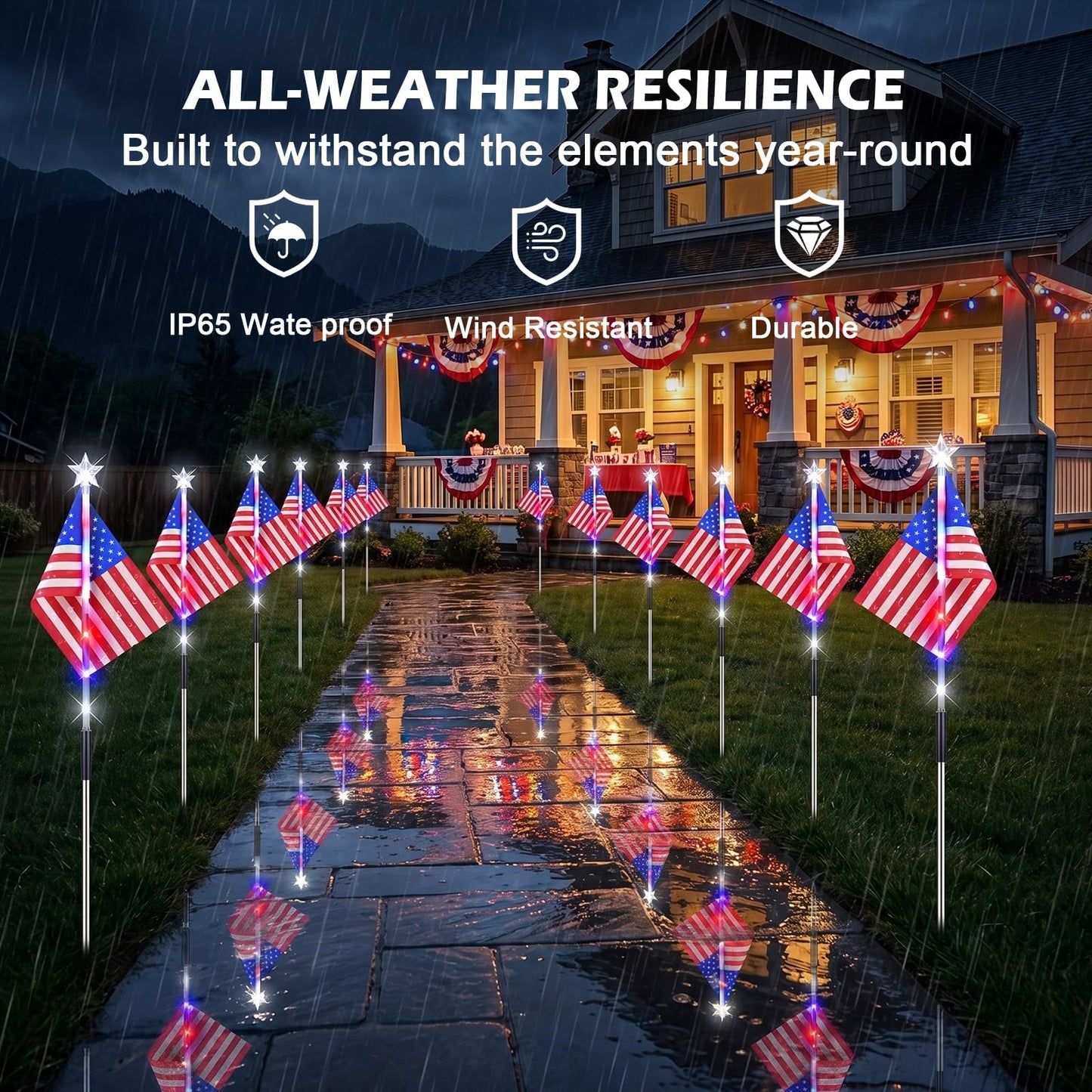 DTNESS 12 Pack 108 LED American Flag Pathway Lights, 4th of July Decoration Outdoor, Waterproof Patriotic USA Flag Stake Lights w/ 8 Modes, Red White Blue Lights for Memorial Day Independence Day