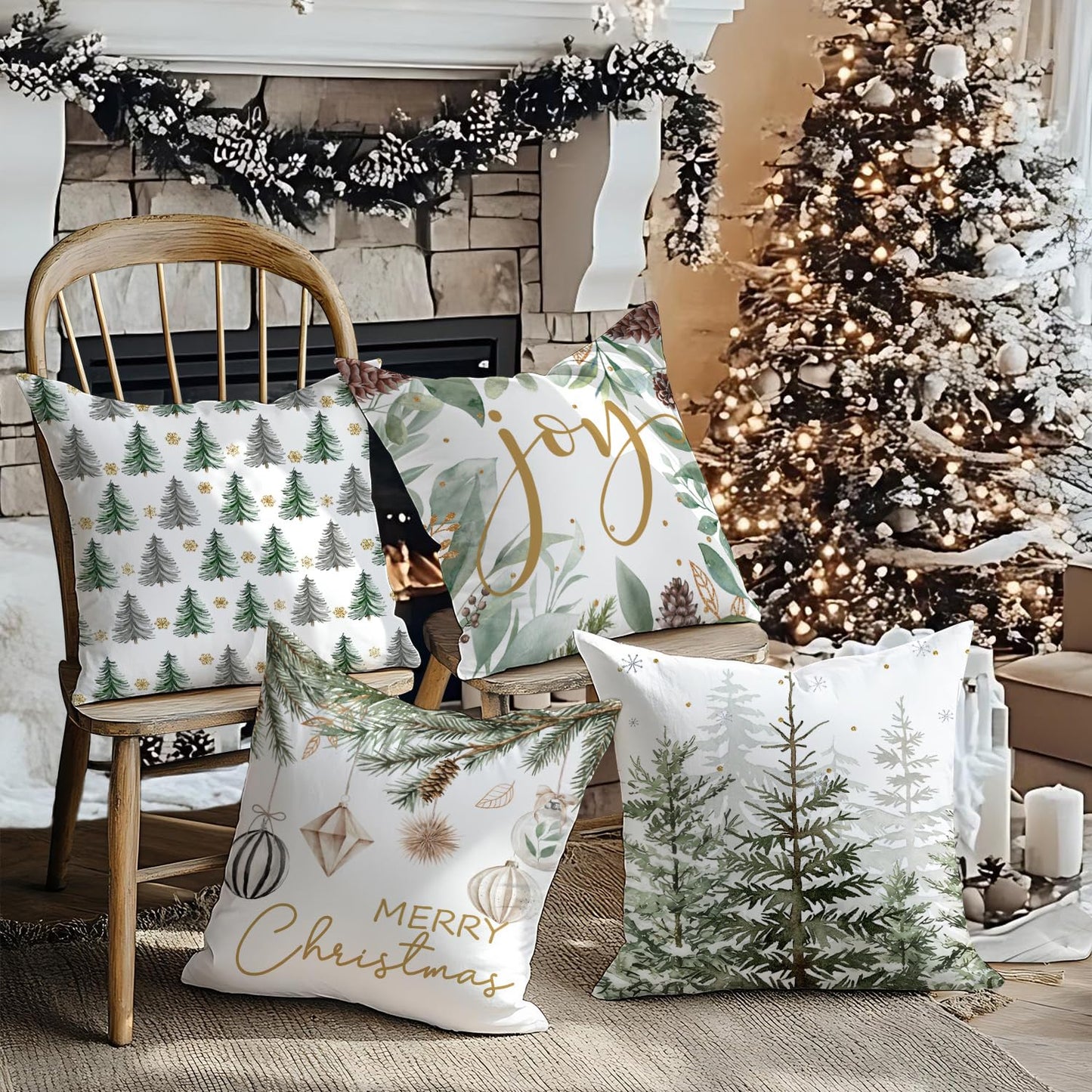 Artmag Merry Christmas Tree Pillow Covers Decorations, 22x22 Inch Set of 4 Xmas Balls Joy Cushion Case for Holiday Winter Coach Sofa Living Room Decor