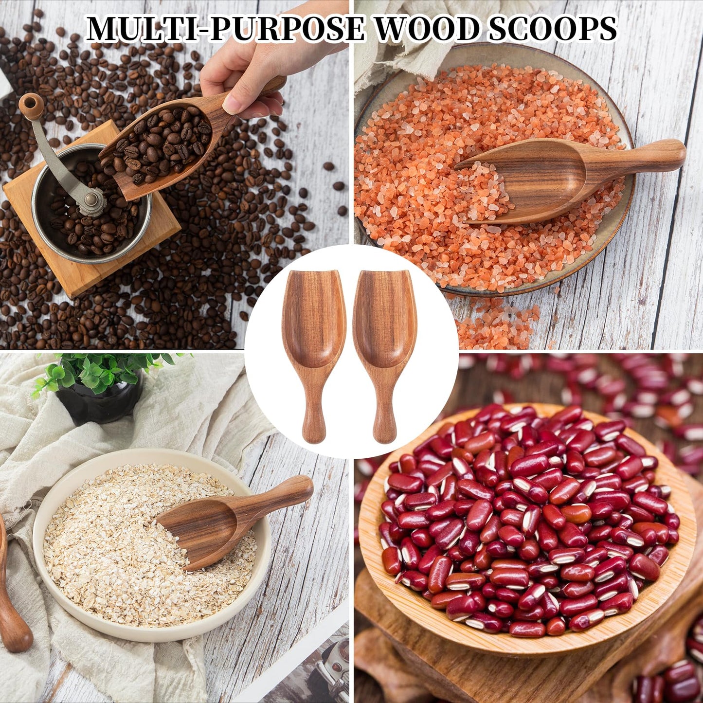 NLHL Big Wood Coffee Scoops - Acacia Wooden Scoops for Jars & Canisters, Multi-Purpose Measuring Spoons for Ground Coffee Powder, Flour, Oats, Bath Salt, Laundry Detergent Kitchen and Bath Use (4Pack)