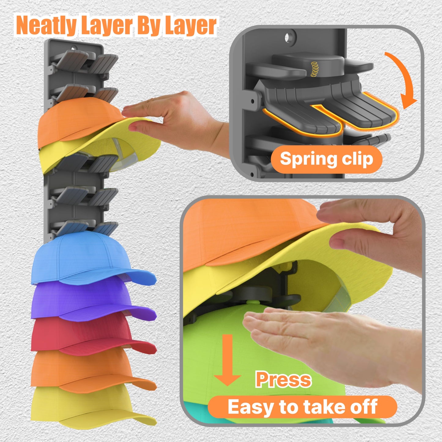 BRUBEQO Hat Organizer for Baseball Caps 2 Packs with Built-in Spring Clips - Wall Mount Closet Hat Rack Holder,Storage for Door/Closet Display Hat Racks Hanger (Strong Adhesive & Screws) Matte Black.