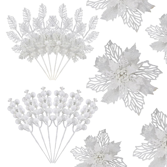 Alupssuc 24 PCS Christmas Tree Decorations, 12 PCS Poinsettia Flowers Artificial+6 PCS Glitter Holly Berry Stems+6 Berry Leaves Christmas Tree Picks for Party Wreath Fireplace, White