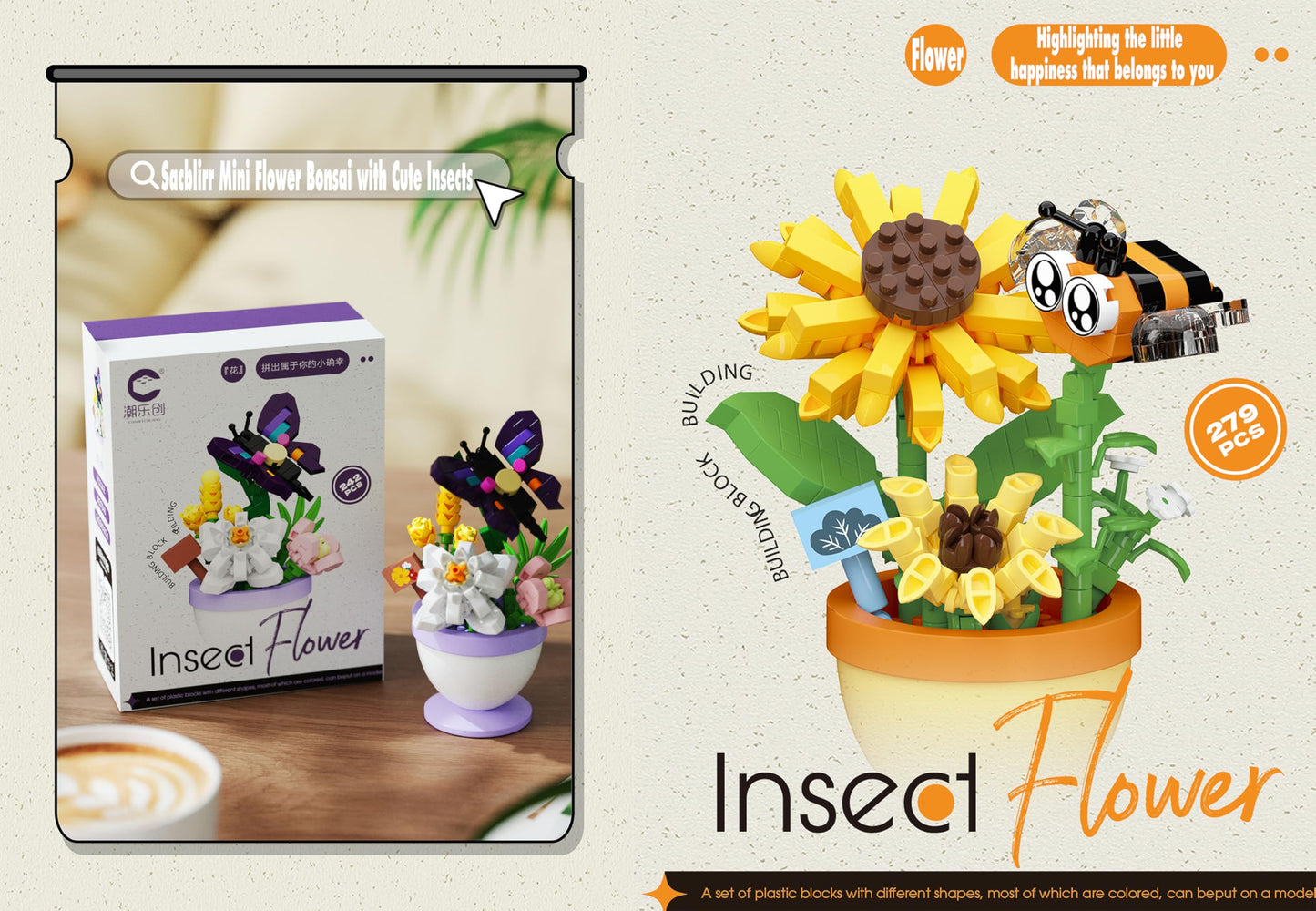 Sacblirr Set of 4 Mini Flower Bonsai with Cute Insects - DIY Potted Plant Building Blocks for Kids and Adults, Botanical Collection Decor Toy
