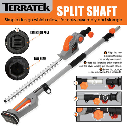 Terratek Cordless Hedge Trimmer Long Reach 20V 1HR Fast Charge, 2.4m Telescopic Hedge Trimmer Cordless Hedge Cutter with 2x Batteries, Shoulder Strap and Charger Included