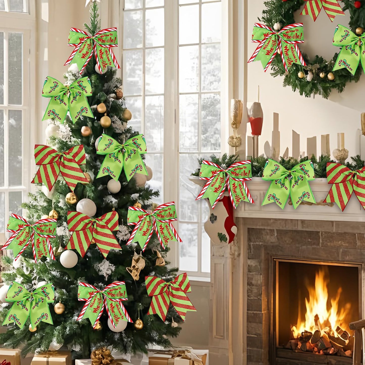12Pcs Christmas Ornaments Bows Christmas Tree Decorations Red Green 6" Large Wreaths Bows for Gifts Wrapping Holiday Party Xmas Decor