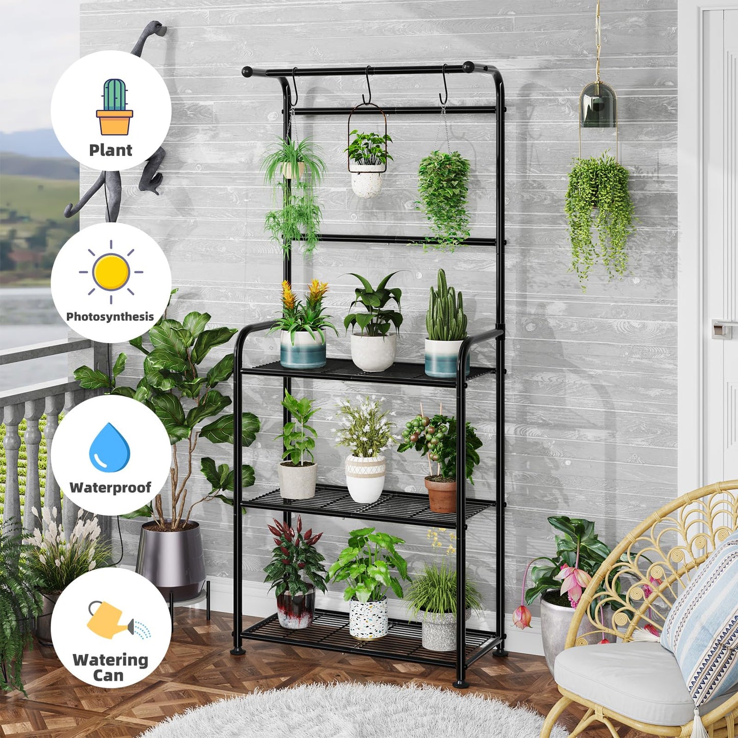 Ekisemio Plant Stands Outdoor with Hooks, Metal Tall Plant Shelves Indoor for Hanging Planter, Black