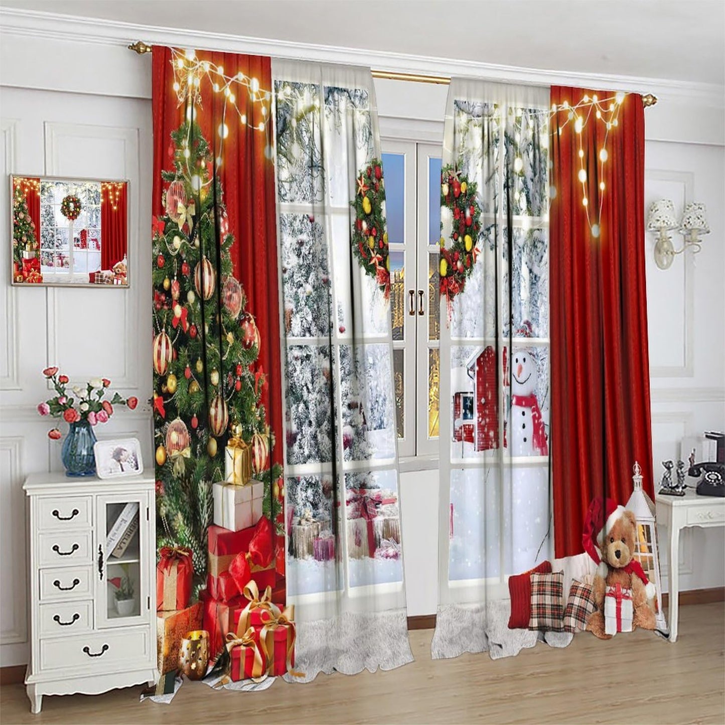 FengMingRui Merry Christmas Curtains Winter Festival Snowman Christmas Tree New Year Christmas Window Treatment Bedroom Living Room Decoration Decor Window Drapes 42" W X 45" L