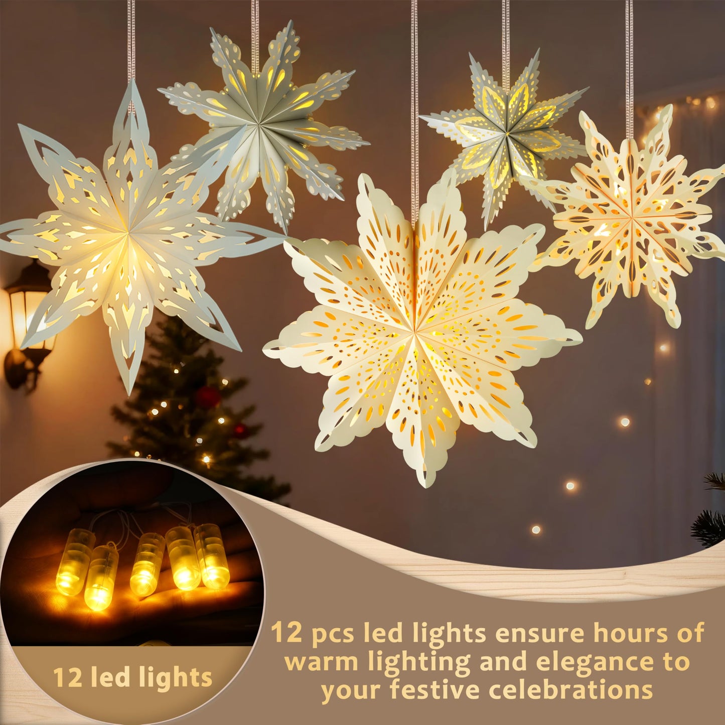 12 Pcs Christmas Paper Snowflake Lanterns, 3D Christmas Paper Star Lanterns with LED Lights, 10/12 Inch White Silver Hanging Snowflake Lamps for Xmas Winter Frozen Weddings New Year Party Decorations