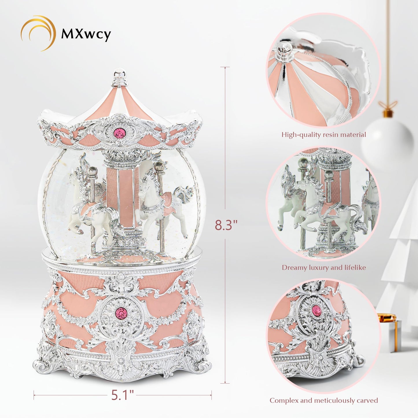 Carousel Music Box Silver & Pink Christmas Snow Globes, 8.3" Rotate Carousel Snow Globe for Kids & Adults, Classic Wind up Musical Snow Globe Valentines Day Gifts for Women Girls Carousel Horse Decor
