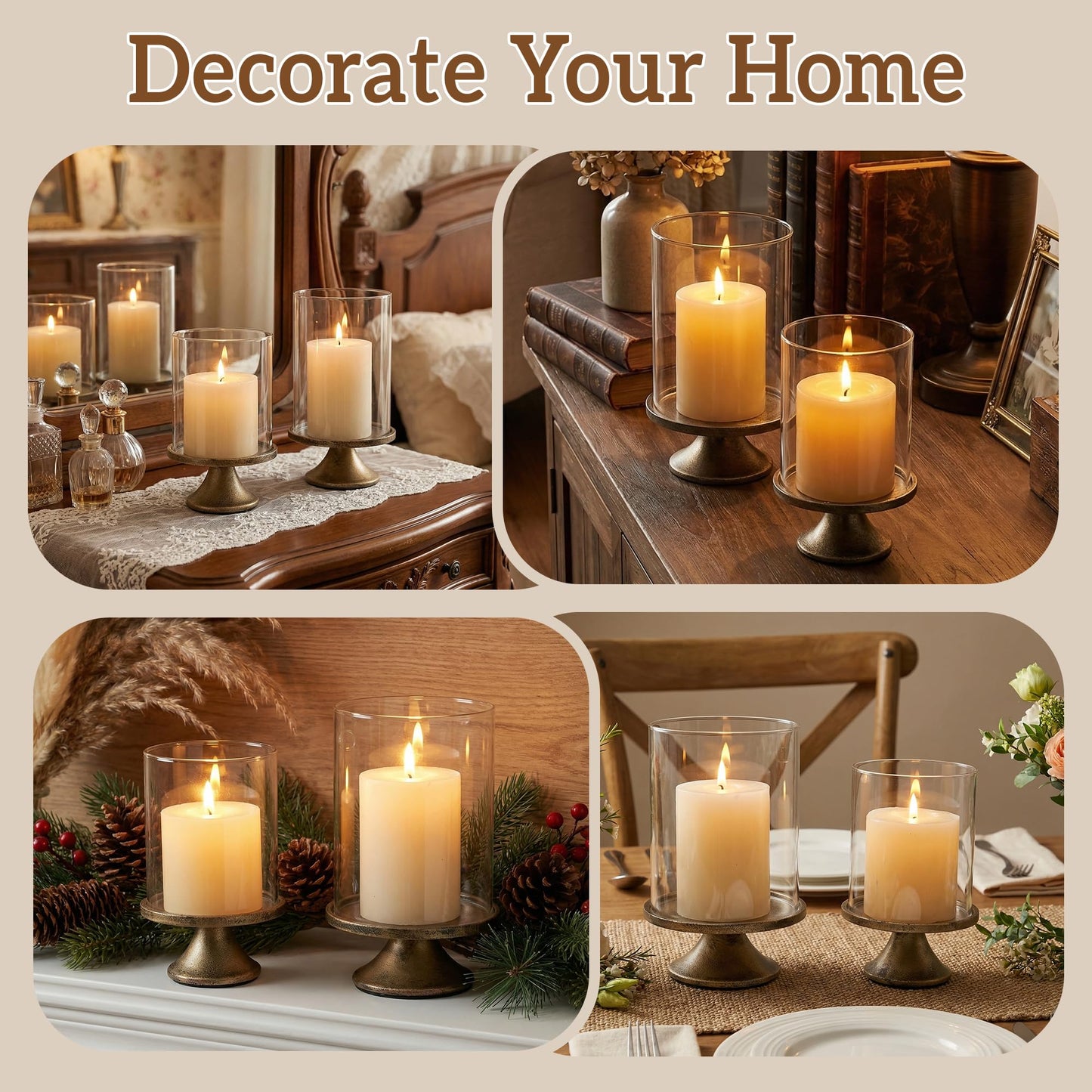Set of 2 Hurricane Candle Holder Set with Glass Dome & Iron Base – Elegant Decorative Pillar Candle Holders for Living Room, Dining Room & Bedroom Centerpiece - Ideal Home Décor