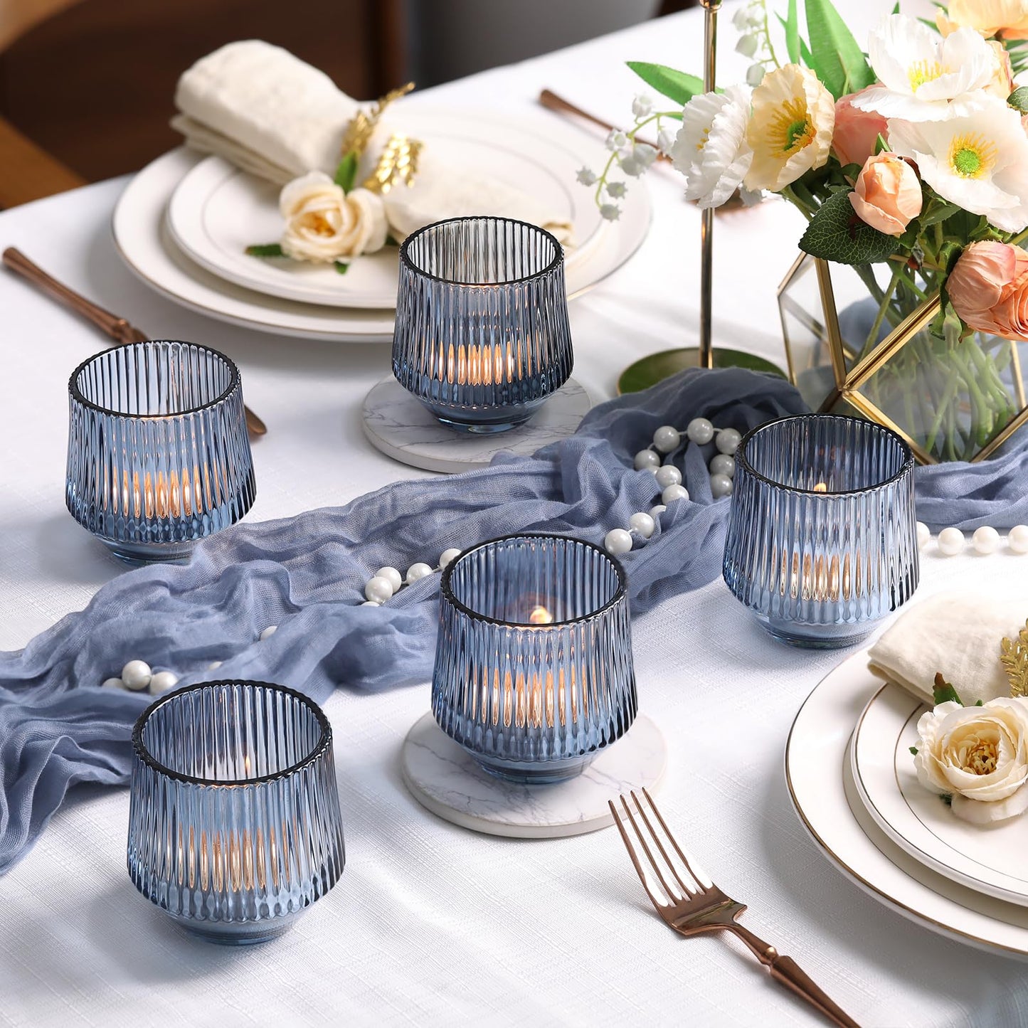 12 Pcs Large Blue Votive Candle Holders for Table Centerpieces- 3.15"×3.15" Ribbed Tea Candle Holders for Dusty Blue Wedding Decor, Bridal Shower Decorations
