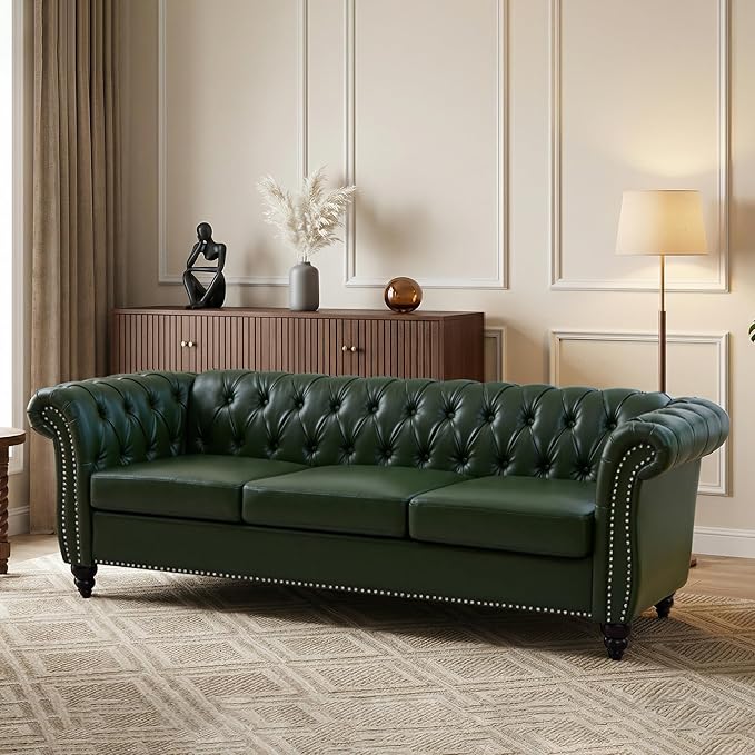 Mid-Century 3 Seater Sofa, Faux Leather Couch