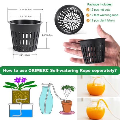ORIMERC 12 pcs 3 inch Net Cup Quality Planting Mesh Pots/Baskets with Self Watering Wick Cord & Plant Labels for Garden Hydroponic Planting Pond Plants Planting Mason Jar Orchid Kratky Growing
