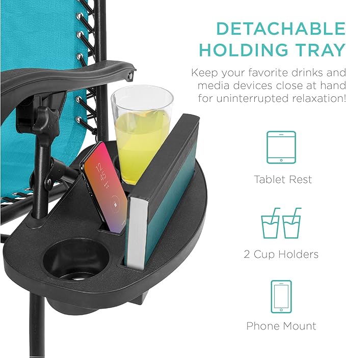 Best Choice Products Set of 2 Adjustable Steel Mesh Zero Gravity Lounge Chair Recliners w/Pillows and Cup Holder Trays - Peacock Blue