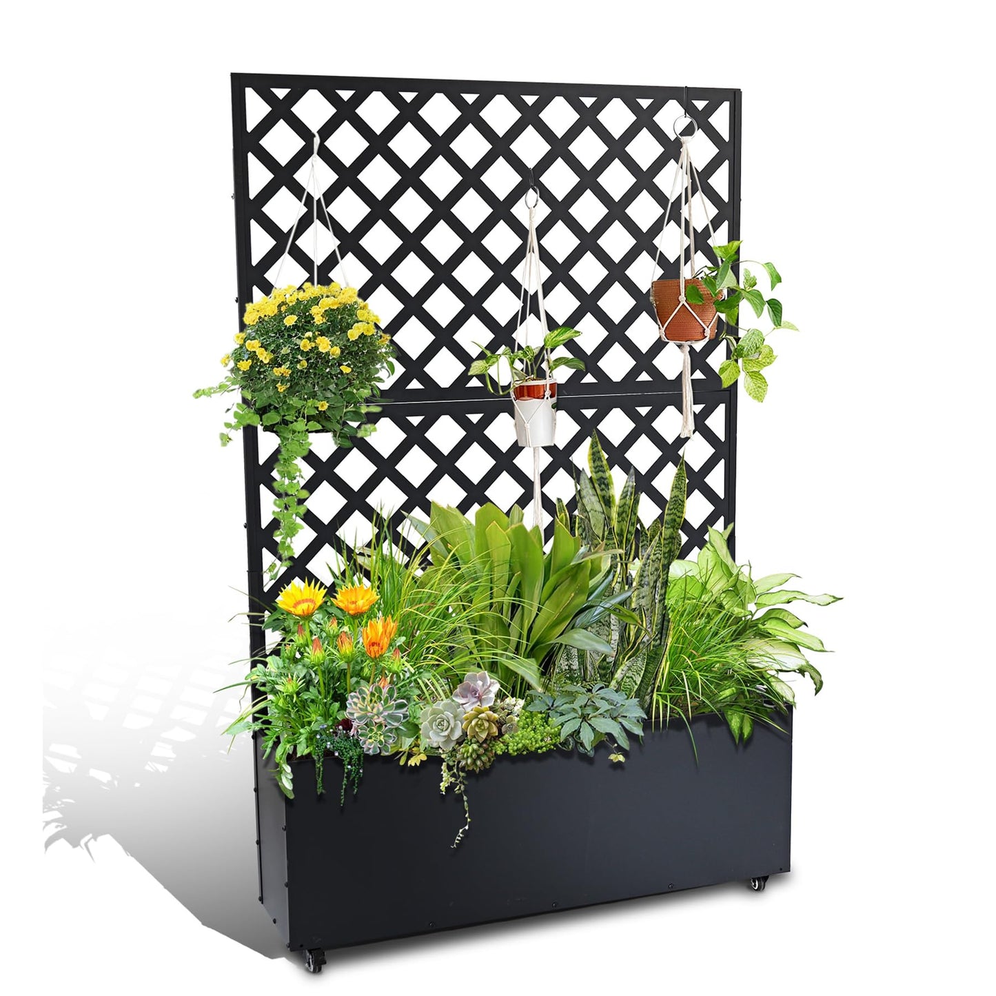 GarveeLife Metal Planter Box with Trellis, 73"x47"x12" Raised Garden Bed with Privacy Screen, Galvanized Steel Outdoor Planter Box with Drainage Holes for Climbing Plants Flowers Vegetables, Black