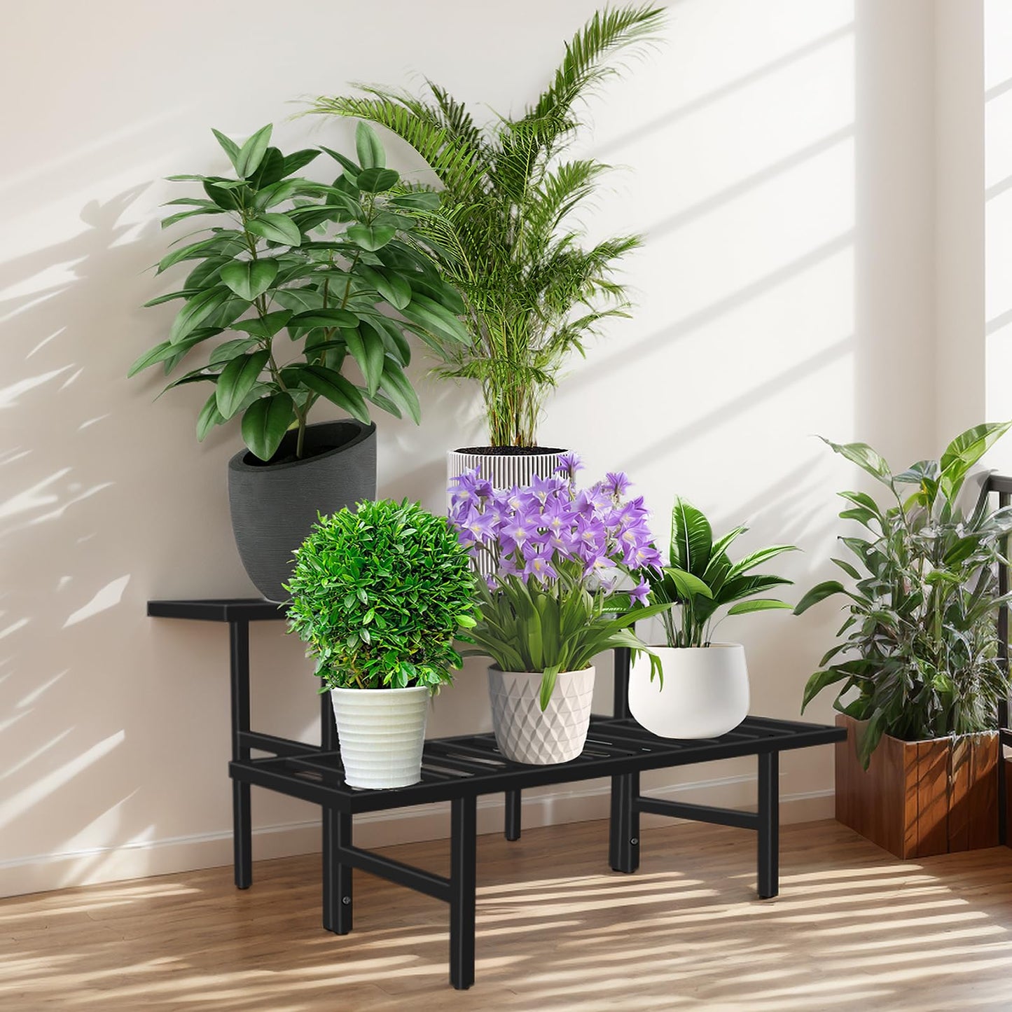 LLAXERGU Plant Stand Indoor Outdoor, Heavy Duty Iron Pedestal Stands Metal Plant Stand for Indoor Outdoor, 2-Tier Sturdy Flower Stand Display Plant Shelf
