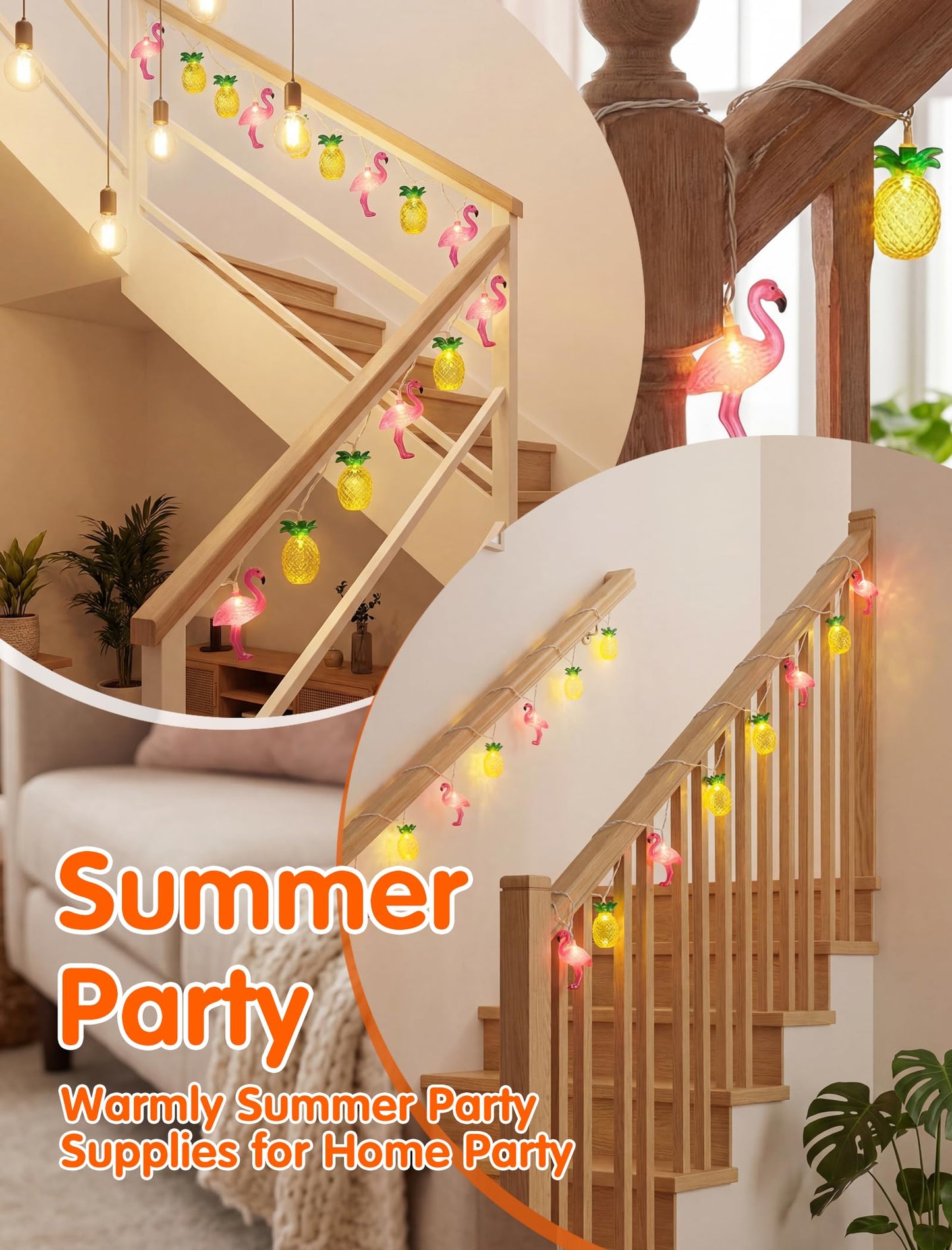 8.5FT Flamingo Pineapple Summer String Lights, Boho Tropical Tiki Summer Decorative String Lights with 10 LED Bulbs, Connectable Outdoor Indoor Decor for Hawaiian Luau, Pool Party, Patio, Beach