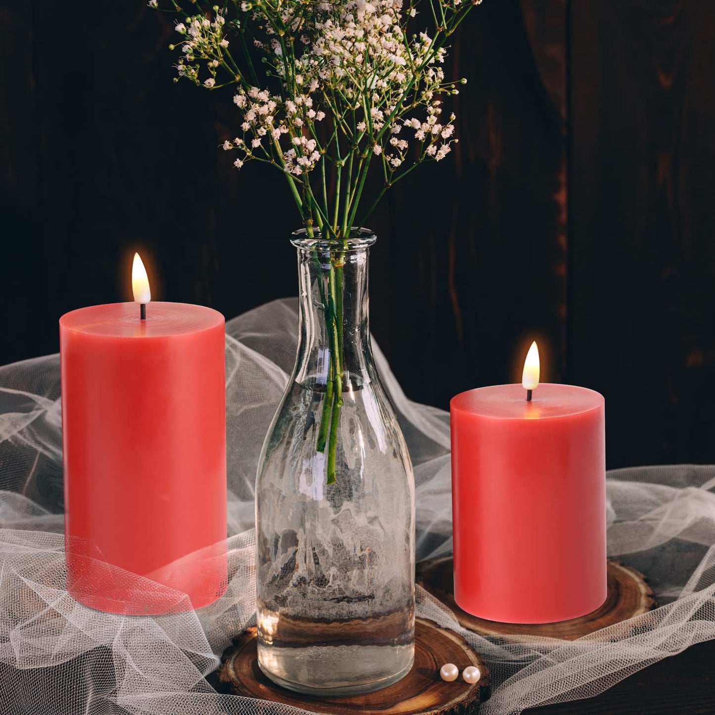 Girimax Red Flameless Pillar Candles with Remote, Christmas LED Candles Set of 3, Flickering Wax Battery Electric Candles Decor