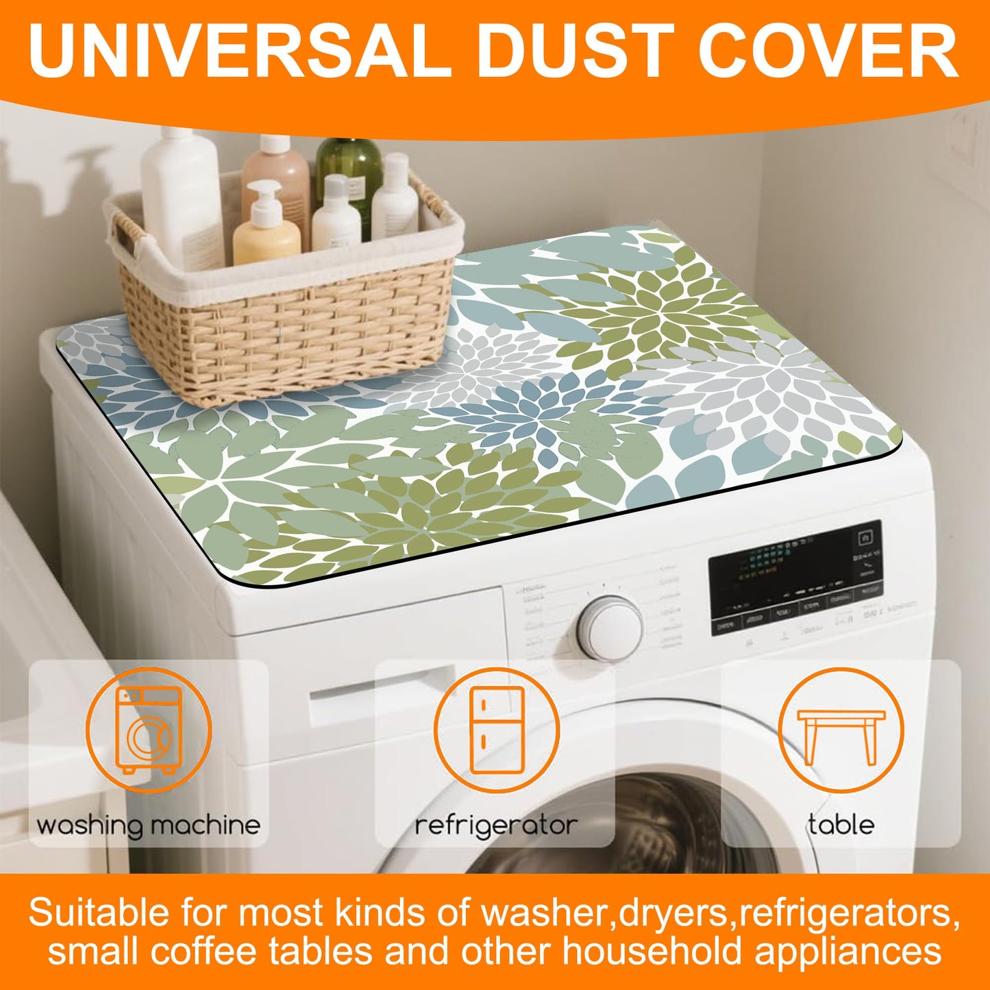 Abstract Green Lotus Flowers Floral Dryer Top Protector Mat,Dust-proof Washer and Dryer Covers For The Top,Non-slip Washing Machine Dust Cover Pad for Laundry Room Home Decor,23.6"x19.7"
