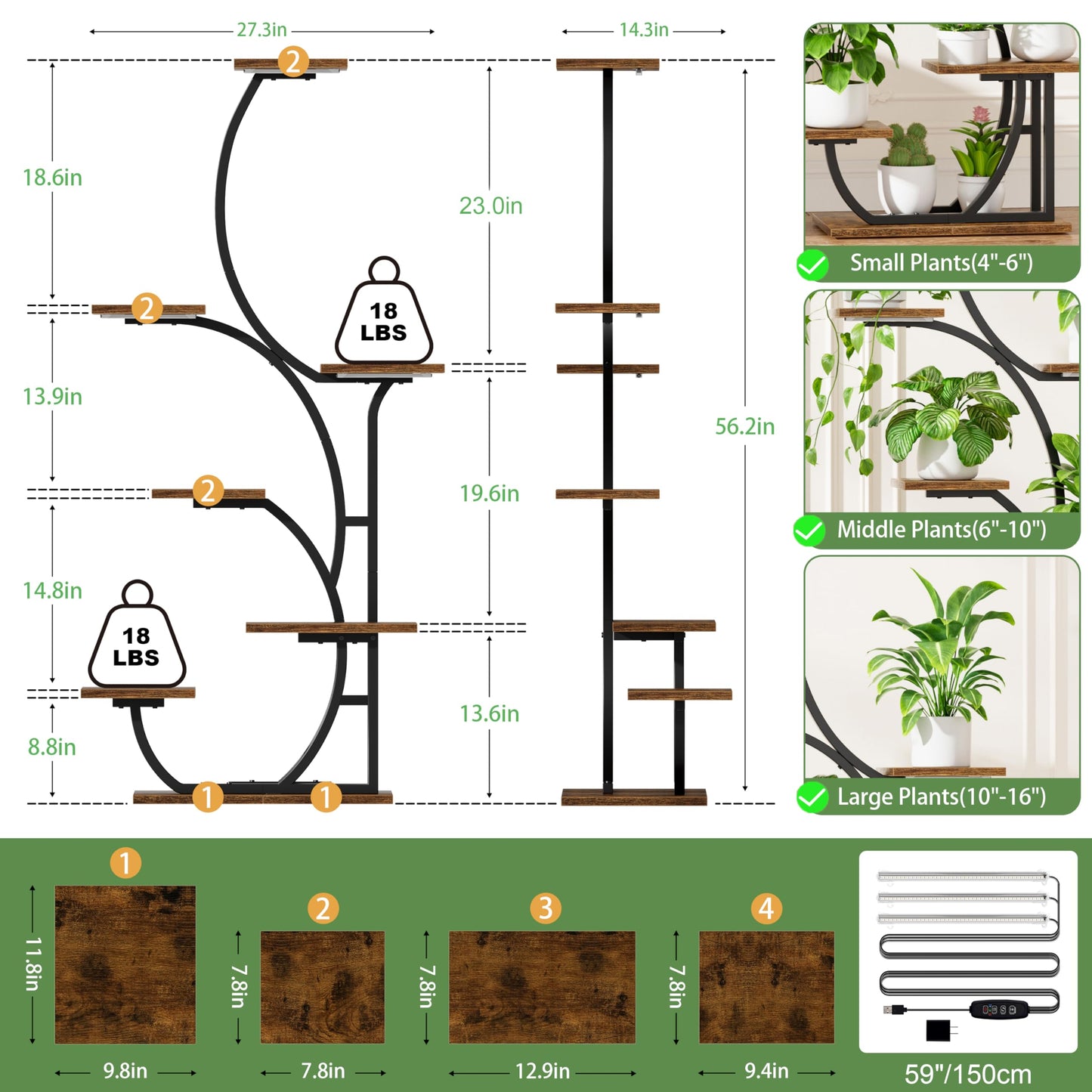 Plant Stand Indoor with Grow Lights - Lighted Indoor Plant Shelf, 57" 7 Tier Corner Plant Stands for Indoor Growing, Tall Flower Display Shelf, Metal S-Shaped Holder for Living Room, Bedroom, Black