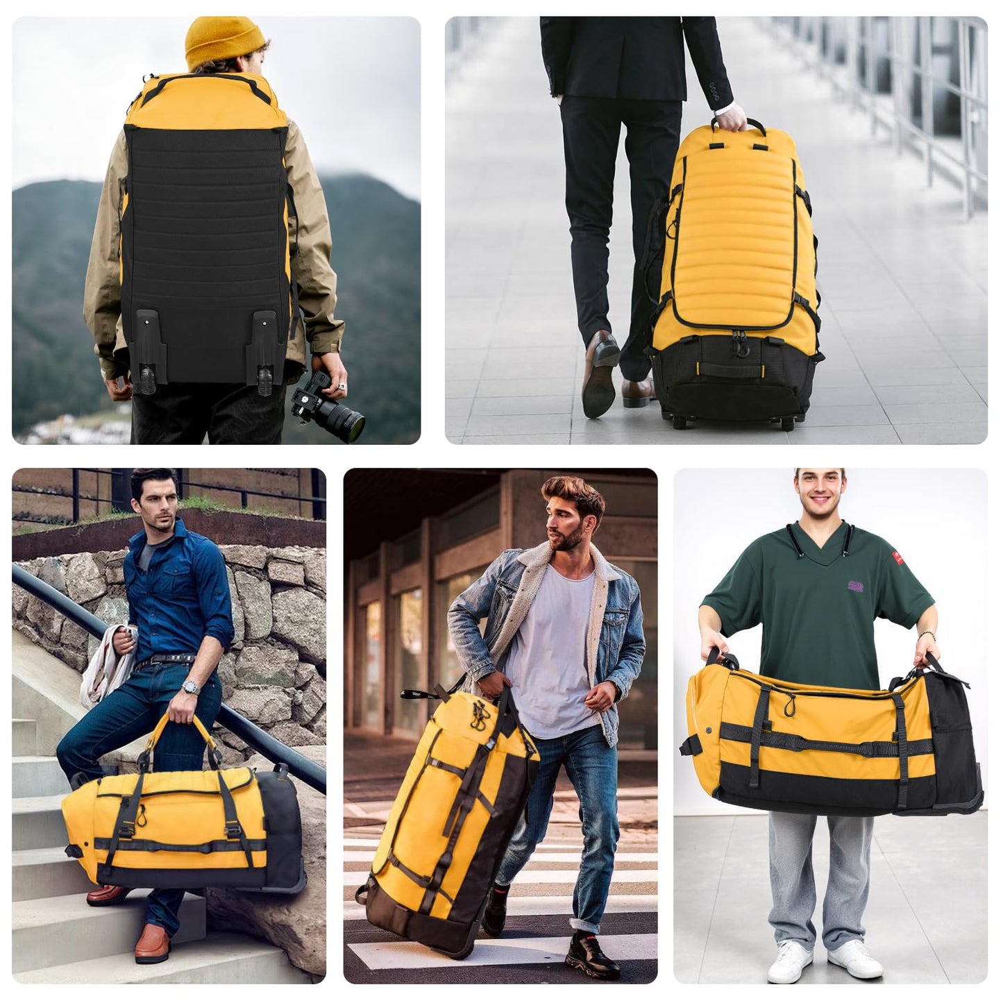 Vrtisa 85L 29“ Foldable Rolling Backpack with Wheels, Soft-side Travel Duffle Bag with Separate Shoe Compartment, Full Quilted Bottom, Yellow